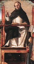 Thomas de Aquino a Carpaccio depictus («Thomas gloriosus cum S. Marco et S. Ludovico Tolosensi», Staatsgalerie, Stuttgart)