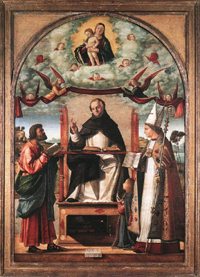 Thomas de Aquino a Carpaccio depictus (&laquo;Thomas gloriosus cum S. Marco et S. Ludovico Tolosensi&raquo;, Staatsgalerie, Stuttgart)