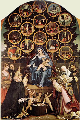 Thomas de Aquino, a Lotto depictus, indicans imagenes minimas vitae Christi (&laquo;Madonna del Rosario&raquo;, Chiesa di San Nicolo, Cingoli)