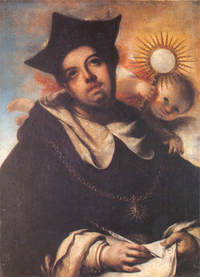 Thomas de Aquino scribens hymnum &laquo;Pange lingua&raquo; a Francisco Herrera el Joven ca. 1655 depictus (Museo de Bellas Artes, Sevilla)