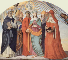 Thomas de Aquino cum Dante, Beatrice et sanctis in septimo caelo, a Philipp Veit depicti