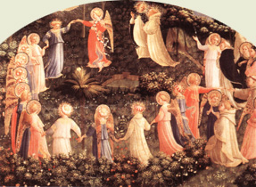 Thomas de Aquino cum beatis saltantibus a Beato Angelico depicti («Giudizio universale», Museo di San Marco, Firenze)