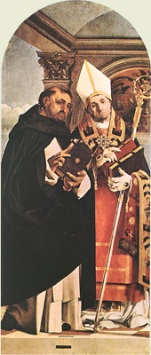Thomas de Aquino cum S. Flaviano a Lorenzo Lotto depictus («Polypticho di Renacati», Pinacoteca Comunale, Renacati)