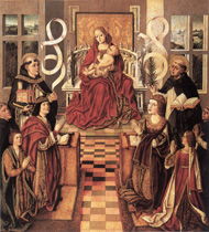 Thomas de Aquino cum Ysabella Castellae et Ferdinando Aragonis, Regibus Hispaniae dictis Catholicis, a Fernando Gallego depictus